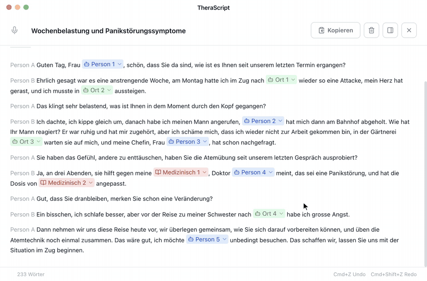 Animation in TheraScript: Im Transkript wird das Wort «Panikstörung» markiert. Im Menü «Auf Sperrliste setzen» wird der Typ Medizinisch gewählt und das Hinzufügen bestätigt. Danach steht an der Stelle des Worts der Platzhalter Medizinisch 3.
