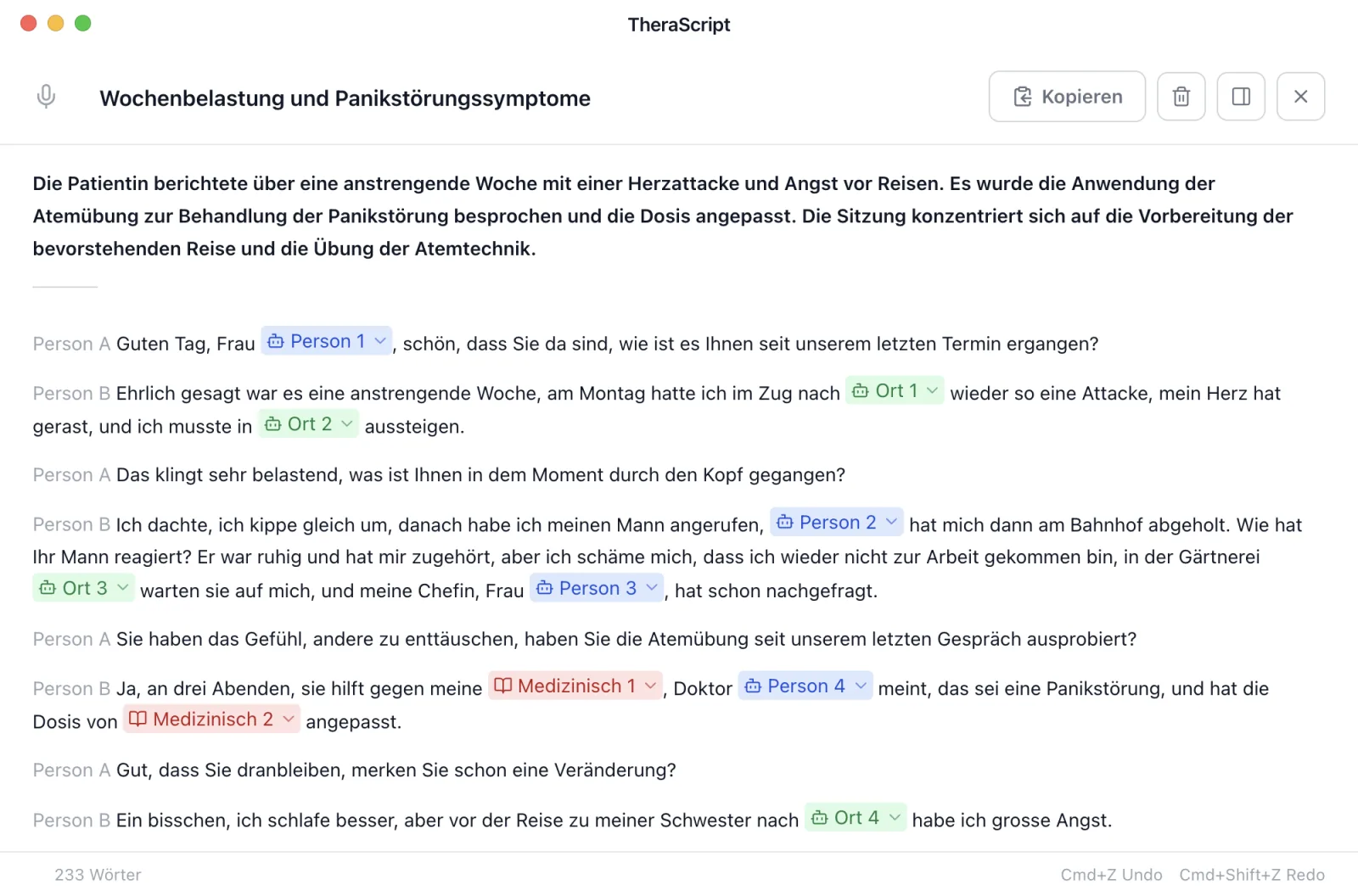 TheraScript-Editor mit einer erfundenen Therapiesitzung: Namen, Orte und medizinische Angaben sind durch Platzhalter wie Person 1, Ort 1 und Medizinisch 1 ersetzt. Oben steht die Zusammenfassung der Sitzung, rechts listet die Seitenleiste alle Pseudonymisierungen mit ihrem Original auf.