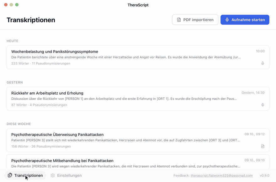 Animation in TheraScript: Über «PDF importieren» kommt ein gescannter Arztbericht dazu. Die Sitzungsliste zeigt den Fortschritt bis «Persönliche Angaben pseudonymisieren», danach erhält der Bericht einen Titel und eine Zusammenfassung. Geöffnet zeigt der Bericht Namen, Adressen, Telefon- und AHV-Nummer als Platzhalter.