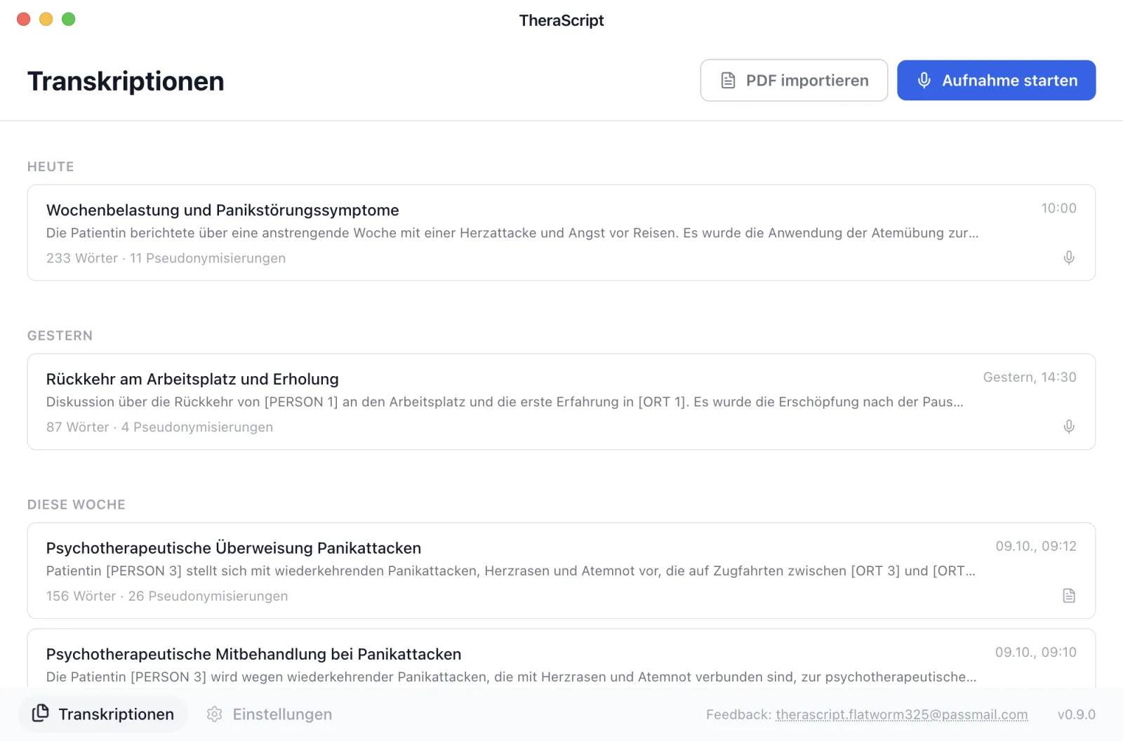 Übersicht «Transkriptionen» in TheraScript mit Aufnahmen und importierten PDF-Berichten, gruppiert nach Heute, Gestern und Diese Woche. Jede Karte zeigt Titel, Zusammenfassung sowie die Zahl der Wörter und Pseudonymisierungen.