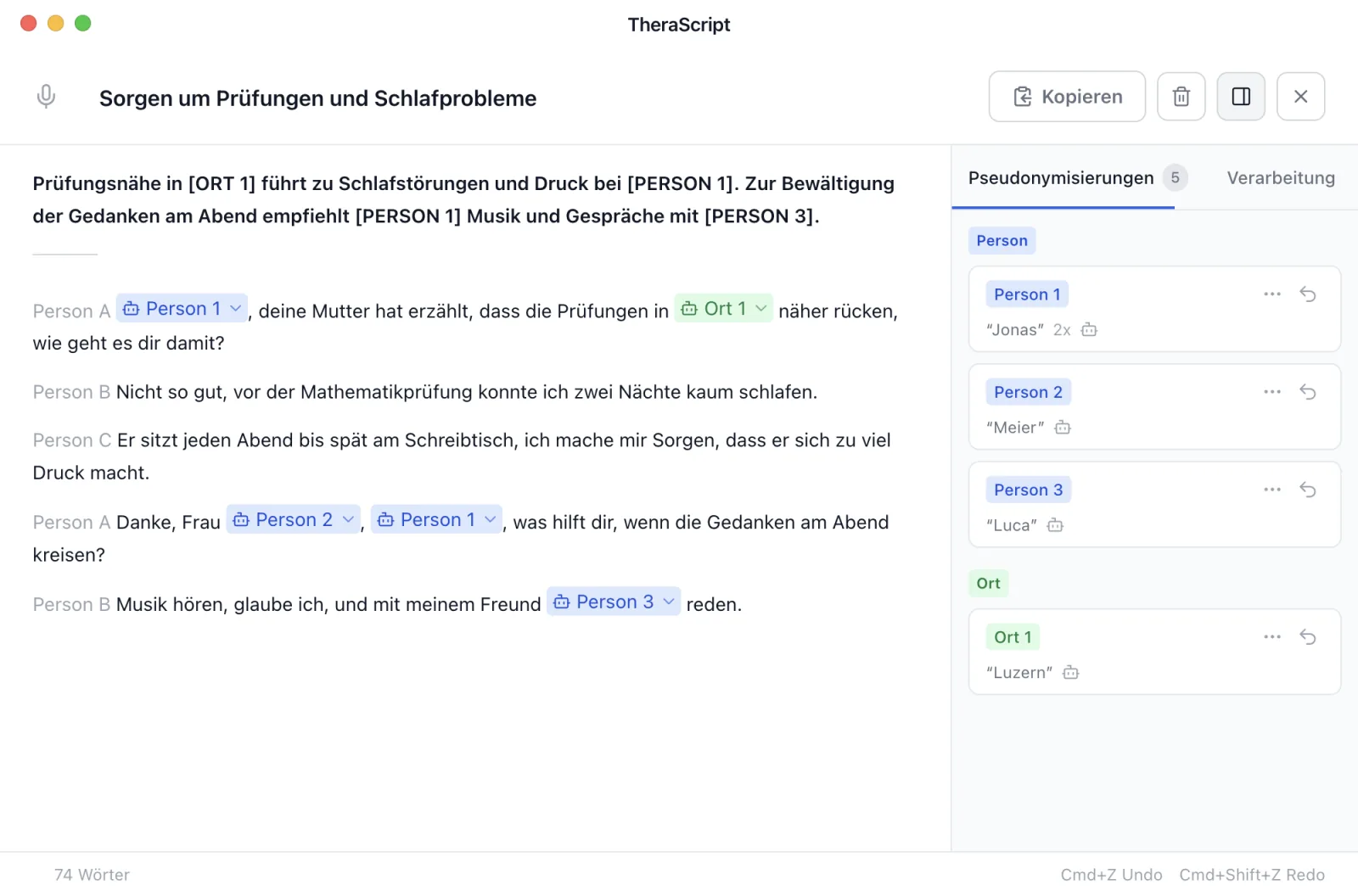 Transkript in TheraScript mit drei Gesprächsbeteiligten, gekennzeichnet als Person A, Person B und Person C. Namen und Orte sind durch Platzhalter ersetzt, darüber steht die Zusammenfassung der Sitzung.